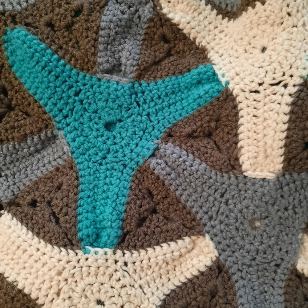 Handmade Crochet in Blue Green, Gray, and Cream 42x36 Throw